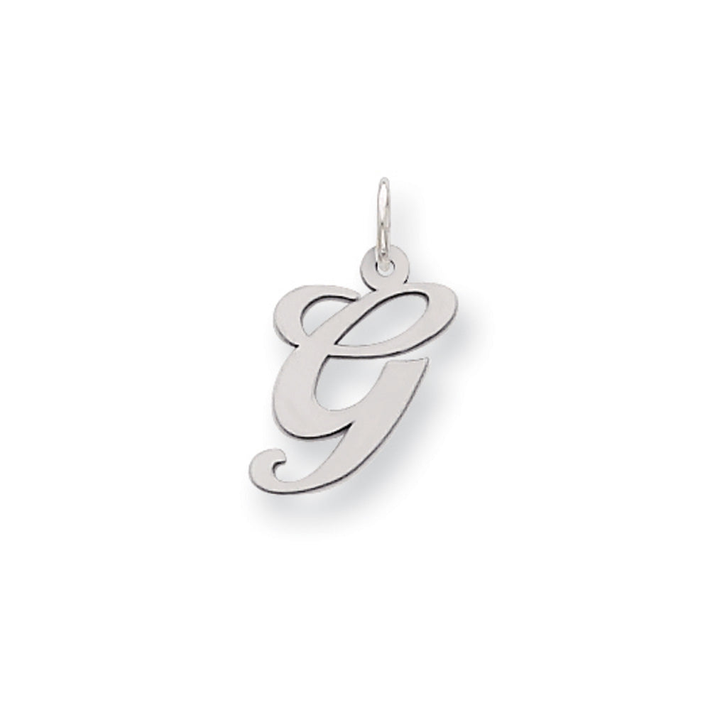 14k White Gold, Ella Collection Medium Fancy Script Initial G Pendant, Item P10355-G by The Black Bow Jewelry Co.