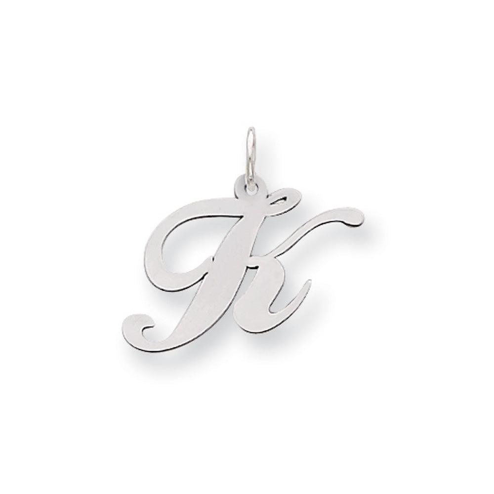 14k White Gold, Ella Collection Medium Fancy Script Initial K Pendant, Item P10355-K by The Black Bow Jewelry Co.