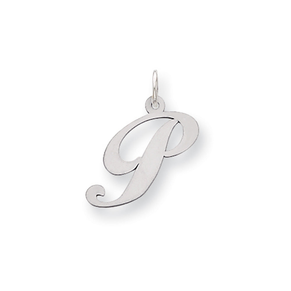 14k White Gold, Ella Collection Medium Fancy Script Initial P Pendant, Item P10355-P by The Black Bow Jewelry Co.
