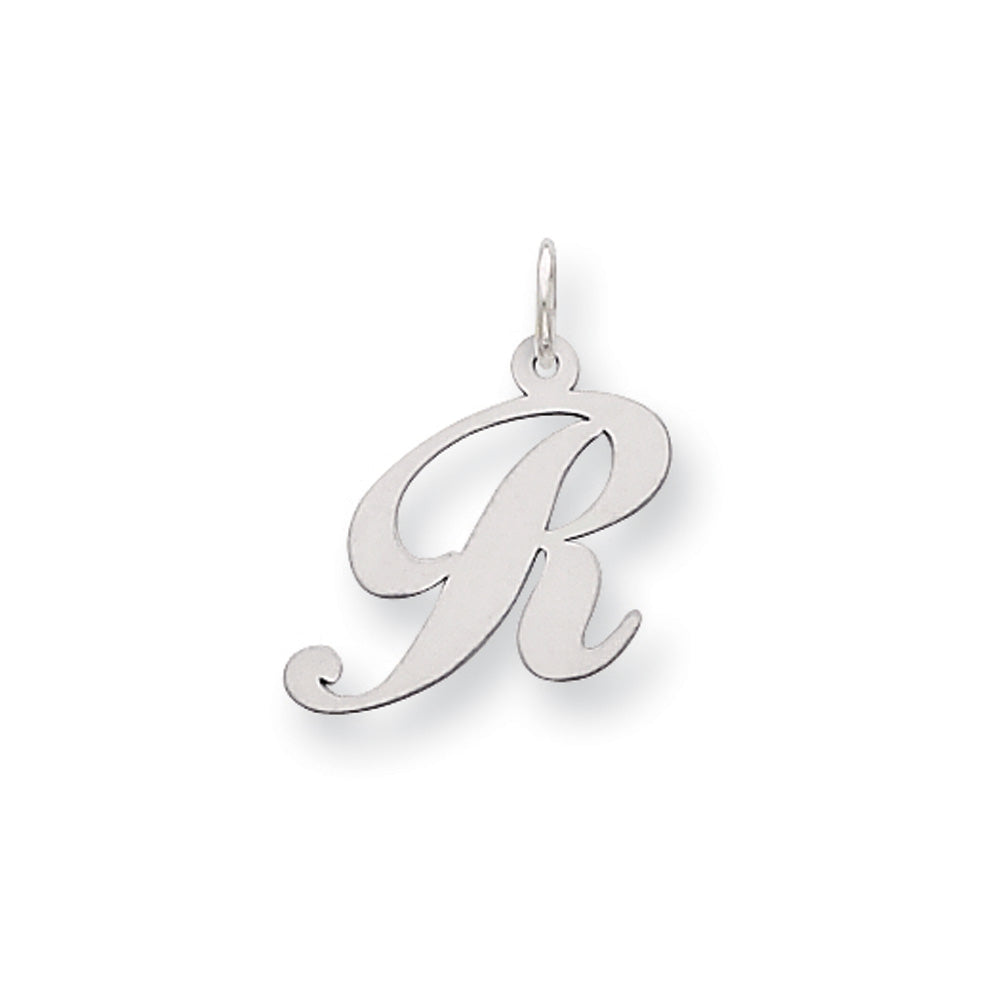 14k White Gold, Ella Collection Medium Fancy Script Initial R Pendant, Item P10355-R by The Black Bow Jewelry Co.