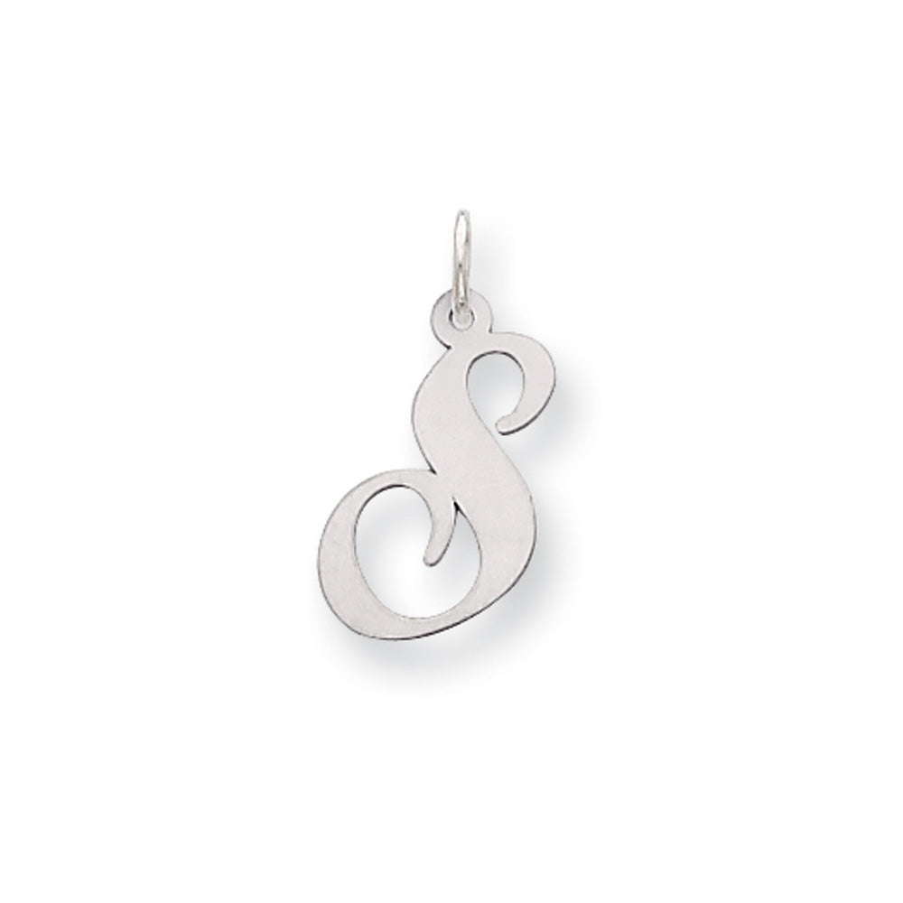 14k White Gold, Ella Collection Medium Fancy Script Initial S Pendant, Item P10355-S by The Black Bow Jewelry Co.