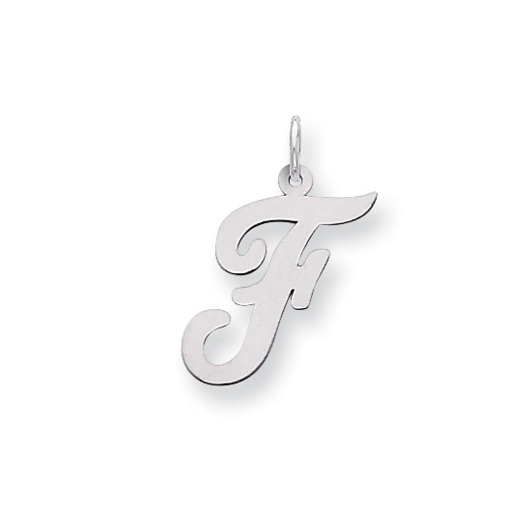 14k White Gold, Madison Collection LG Classic Script Initial F Pendant, Item P10358-F by The Black Bow Jewelry Co.