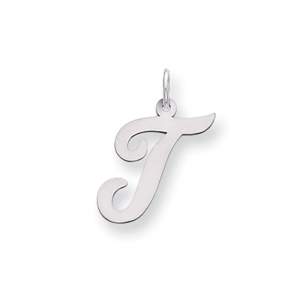 14k White Gold, Madison Collection LG Classic Script Initial T Pendant, Item P10358-T by The Black Bow Jewelry Co.