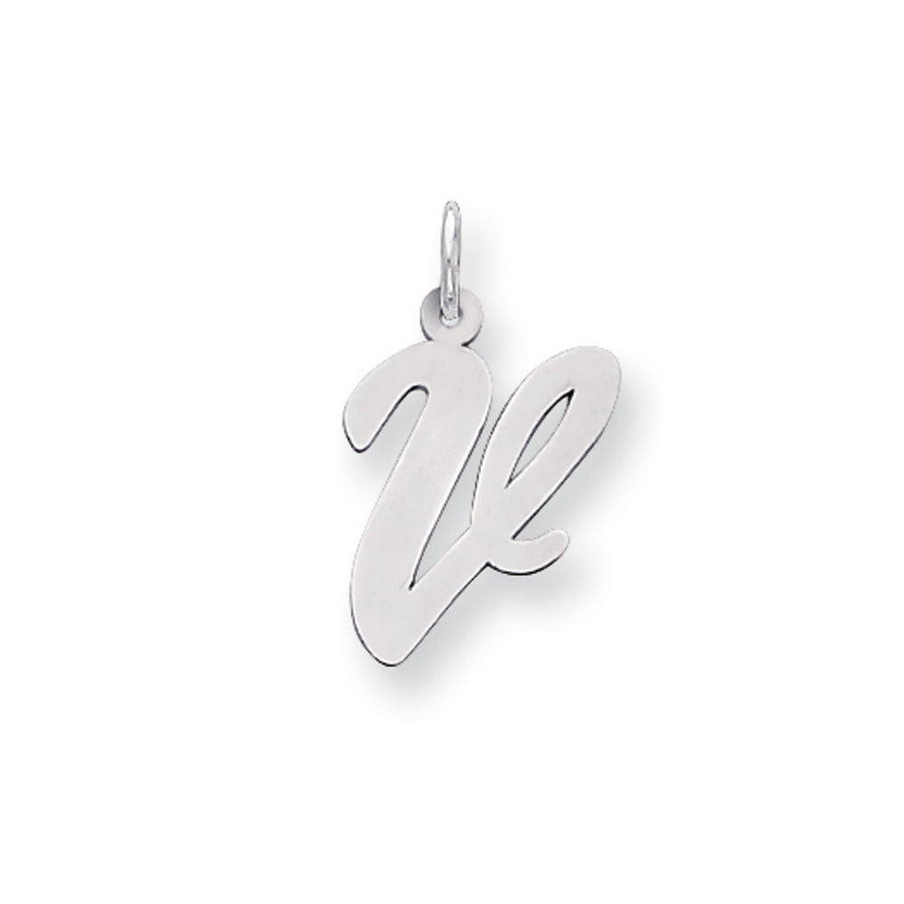 14k White Gold, Madison Collection LG Classic Script Initial V Pendant, Item P10358-V by The Black Bow Jewelry Co.