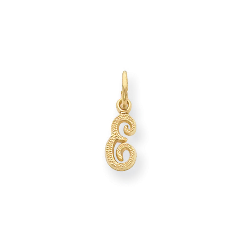 The Sadie 14k Yellow Gold Mini Satin Script Initial Charm, Letter E, Item P10380-E by The Black Bow Jewelry Co.