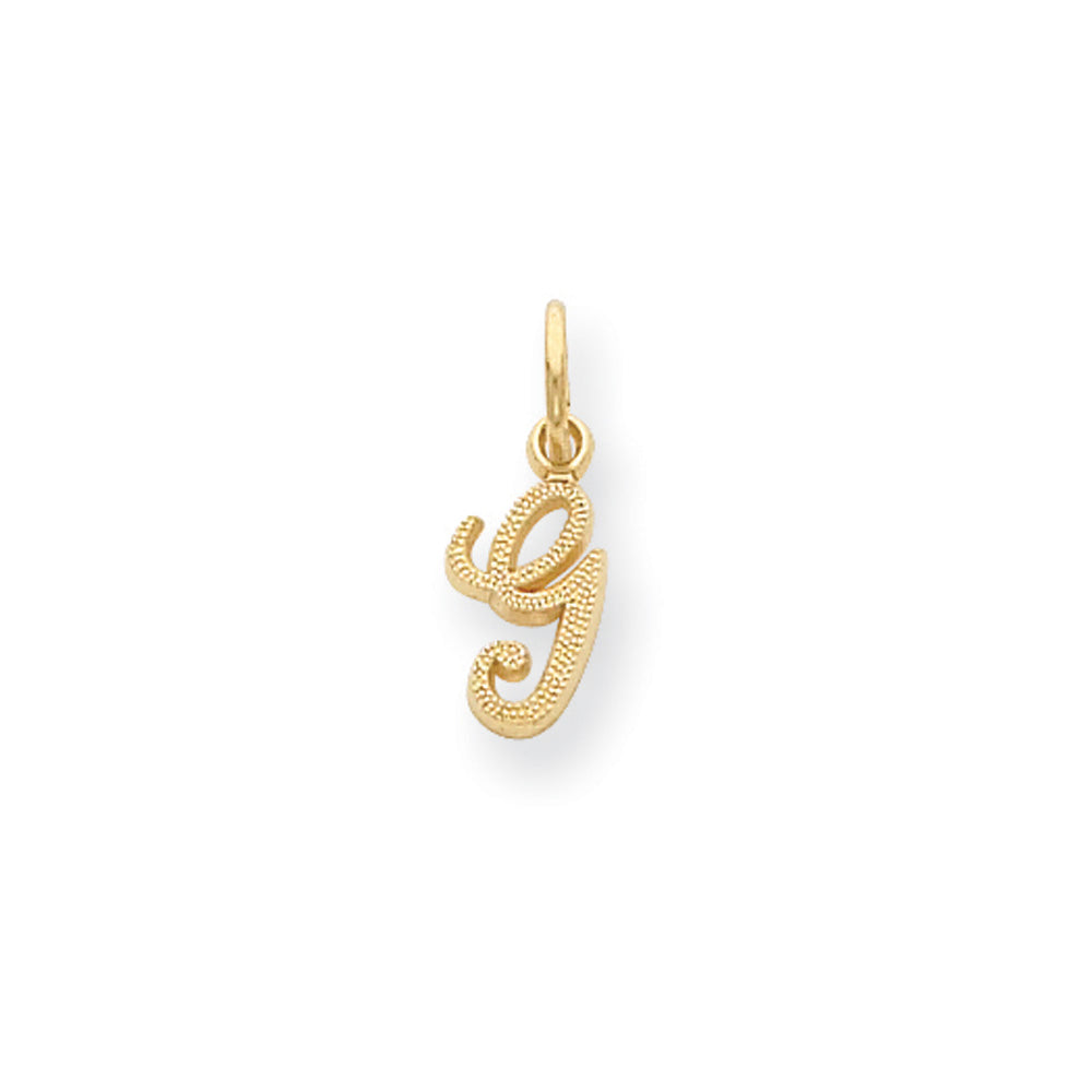 The Sadie 14k Yellow Gold Mini Satin Script Initial Charm, Letter G, Item P10380-G by The Black Bow Jewelry Co.