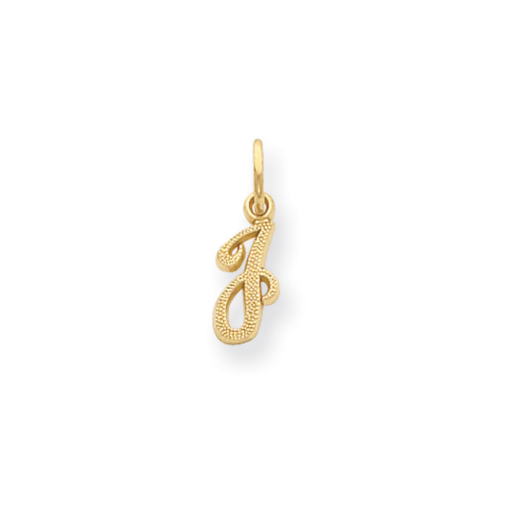 The Sadie 14k Yellow Gold Mini Satin Script Initial Charm, Letter J, Item P10380-J by The Black Bow Jewelry Co.