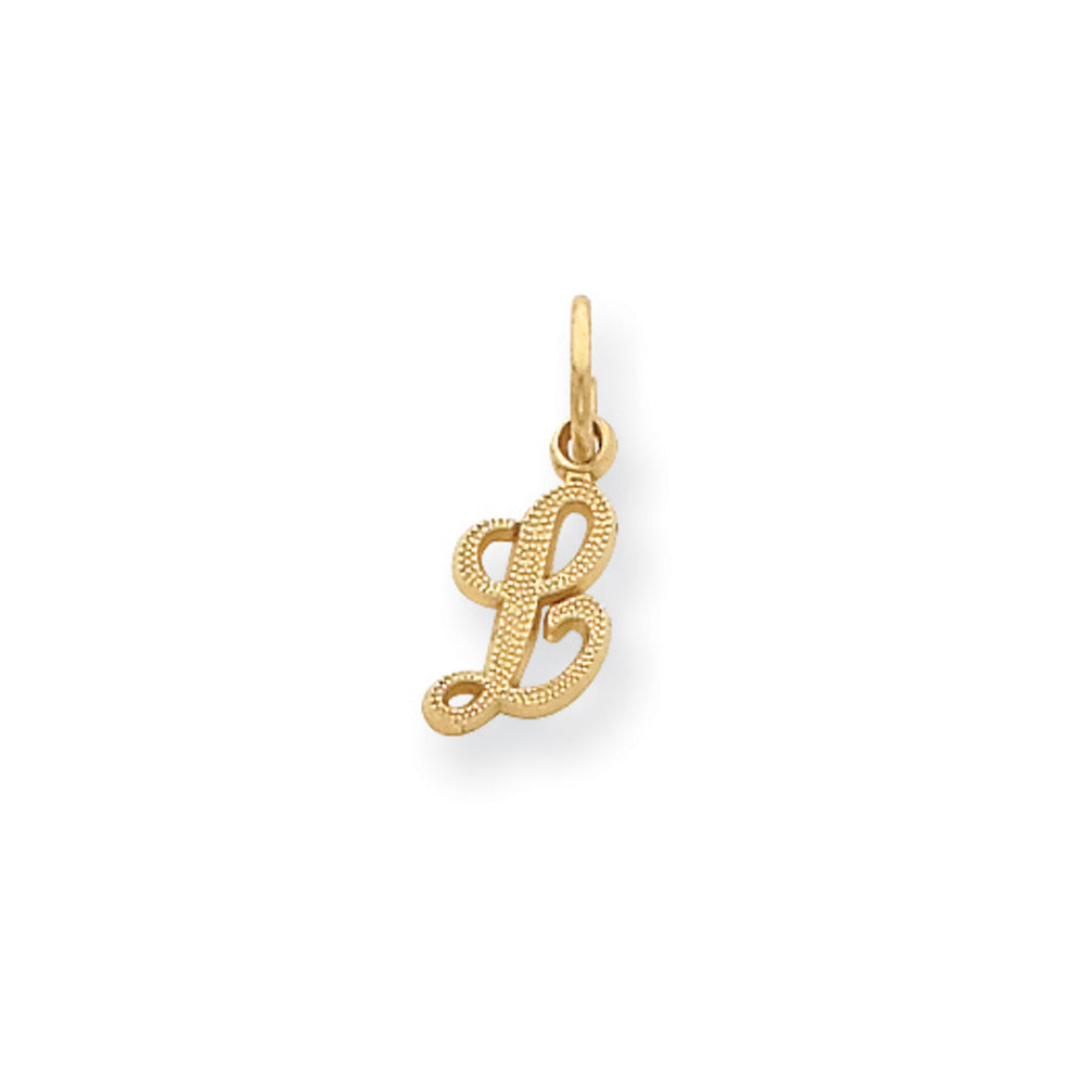 The Sadie 14k Yellow Gold Mini Satin Script Initial Charm, Letter L, Item P10380-L by The Black Bow Jewelry Co.