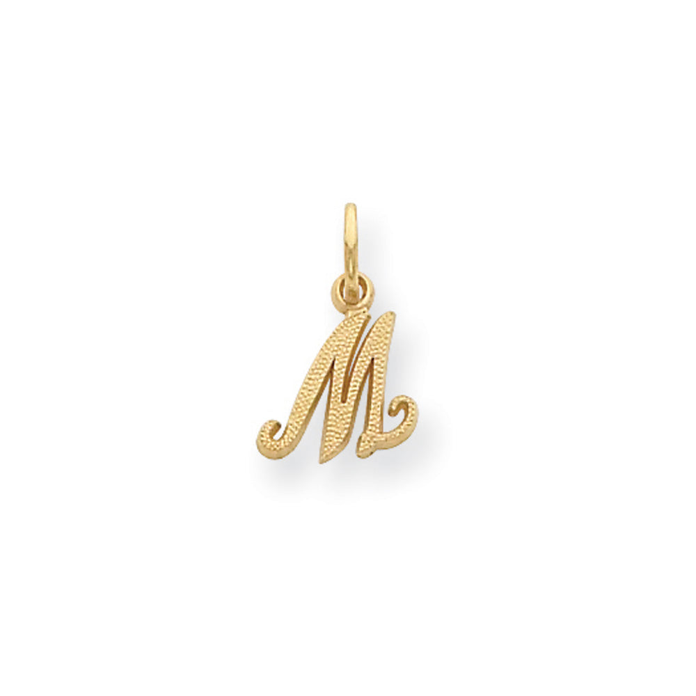 The Sadie 14k Yellow Gold Mini Satin Script Initial Charm, Letter M, Item P10380-M by The Black Bow Jewelry Co.