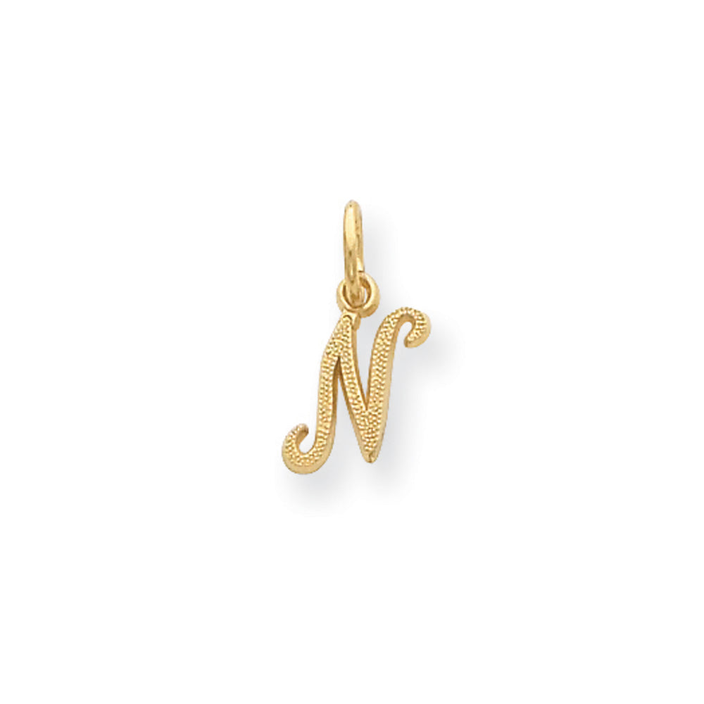 The Sadie 14k Yellow Gold Mini Satin Script Initial Charm, Letter N, Item P10380-N by The Black Bow Jewelry Co.