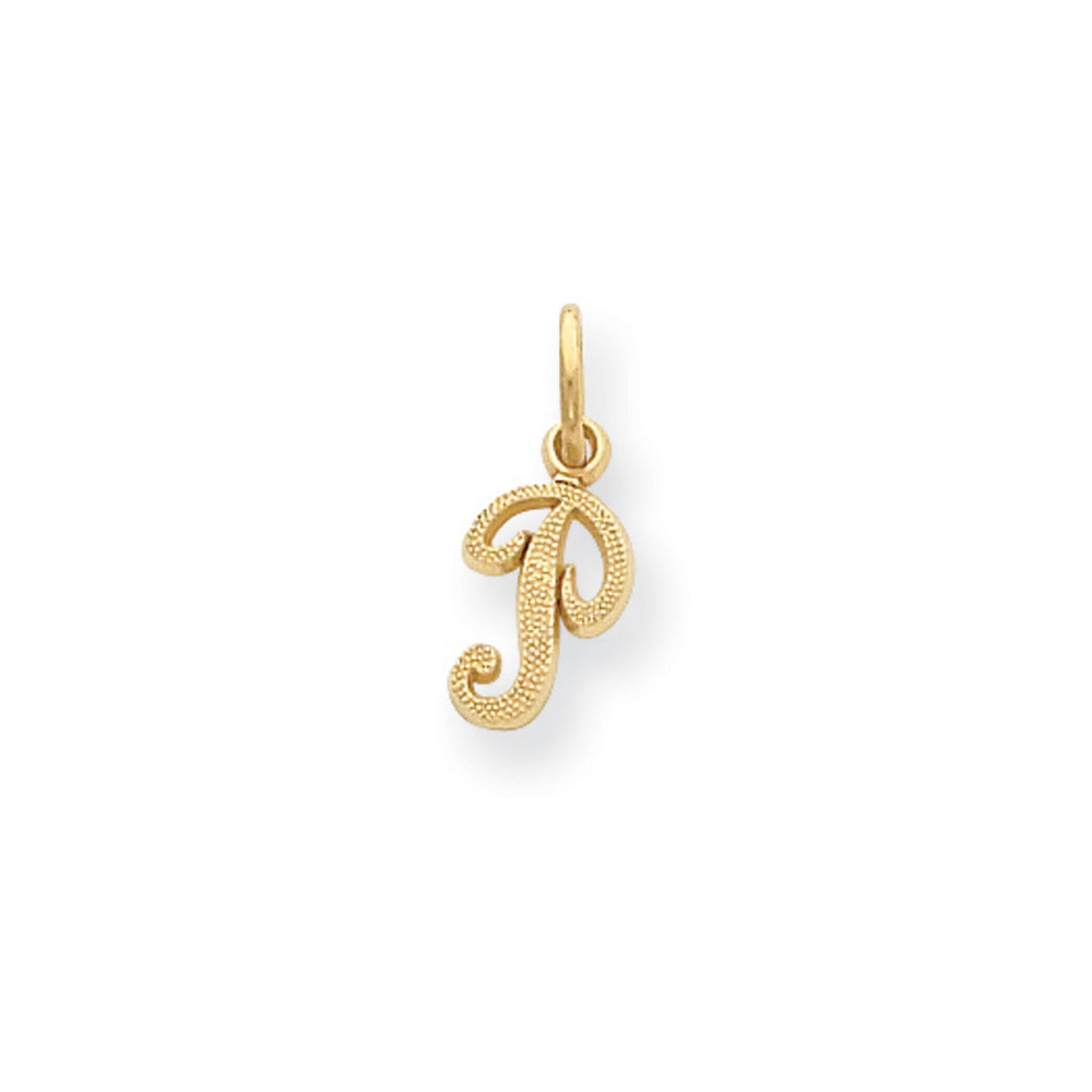 The Sadie 14k Yellow Gold Mini Satin Script Initial Charm, Letter P, Item P10380-P by The Black Bow Jewelry Co.