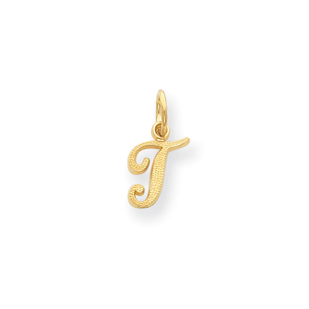 The Sadie 14k Yellow Gold Mini Satin Script Initial Charm, Letter T, Item P10380-T by The Black Bow Jewelry Co.