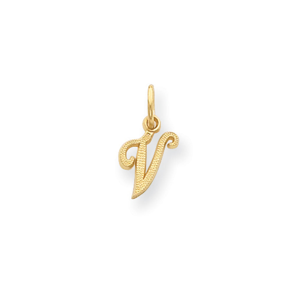 The Sadie 14k Yellow Gold Mini Satin Script Initial Charm, Letter V, Item P10380-V by The Black Bow Jewelry Co.