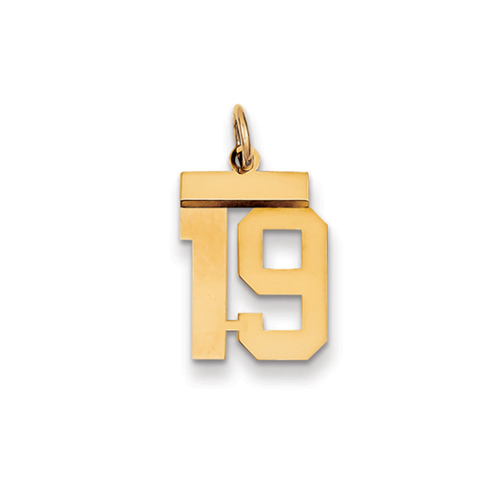 14k Yellow Gold, Athletic Collection, Small Polished Number 19 Pendant, Item P10390-19 by The Black Bow Jewelry Co.