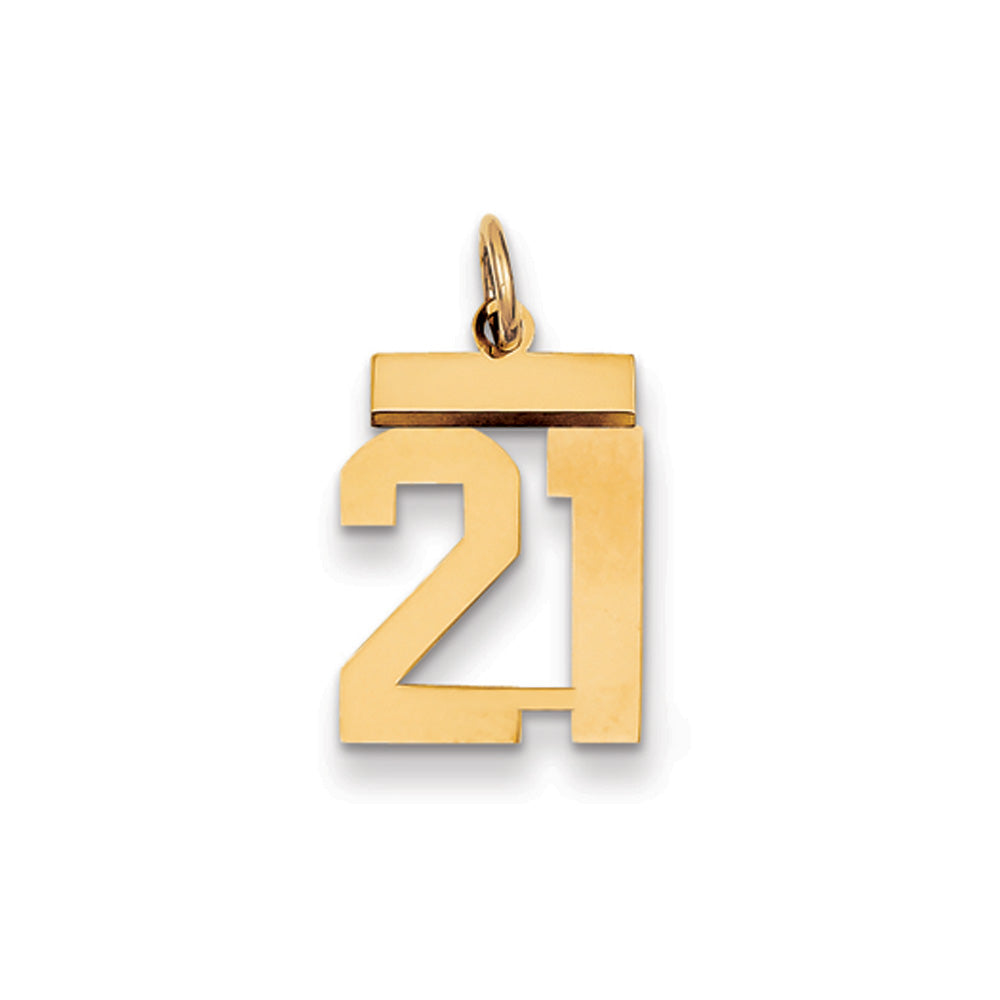 14k Yellow Gold, Athletic Collection, Small Polished Number 21 Pendant, Item P10390-21 by The Black Bow Jewelry Co.