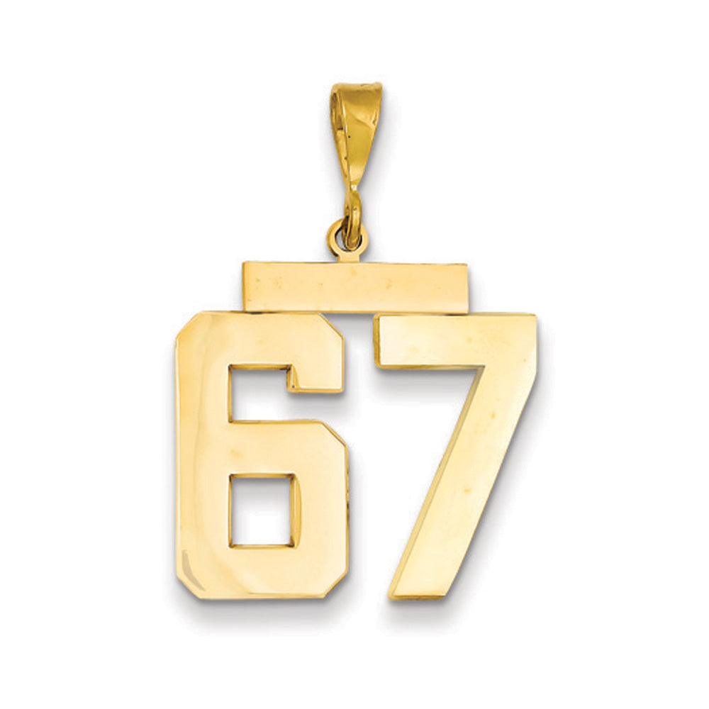 14k Yellow Gold, Athletic Collection, Large Polished Number 67 Pendant, Item P10399-67 by The Black Bow Jewelry Co.