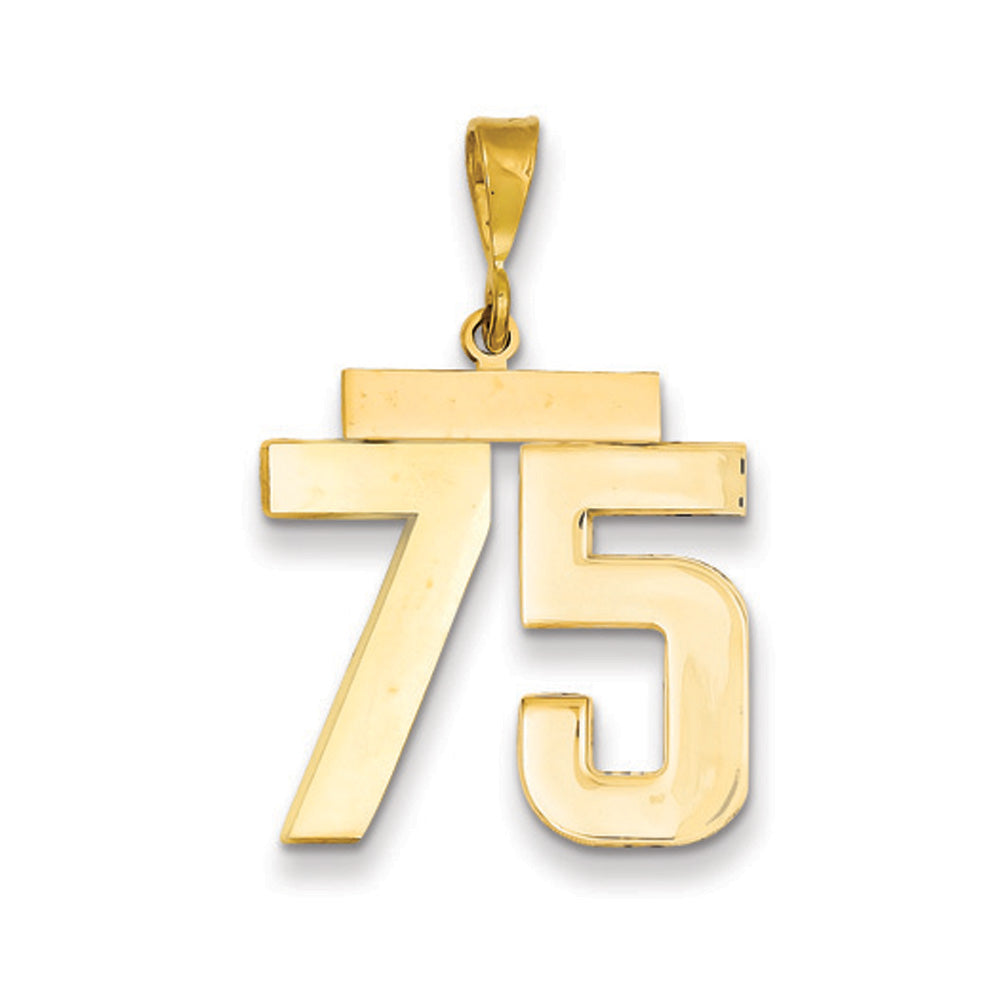 14k Yellow Gold, Athletic Collection, Large Polished Number 75 Pendant, Item P10399-75 by The Black Bow Jewelry Co.