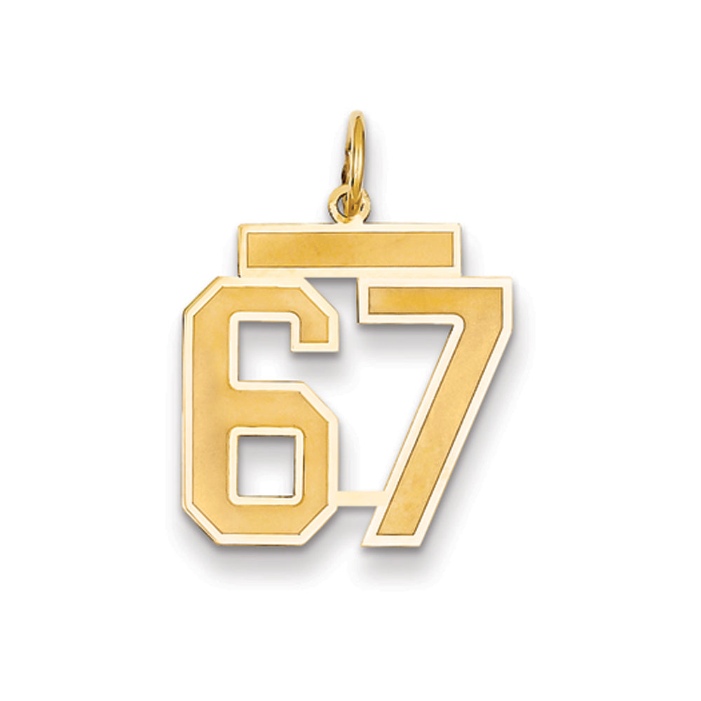 14k Yellow Gold, Jersey Collection, Medium Number 67 Pendant, Item P10402-67 by The Black Bow Jewelry Co.