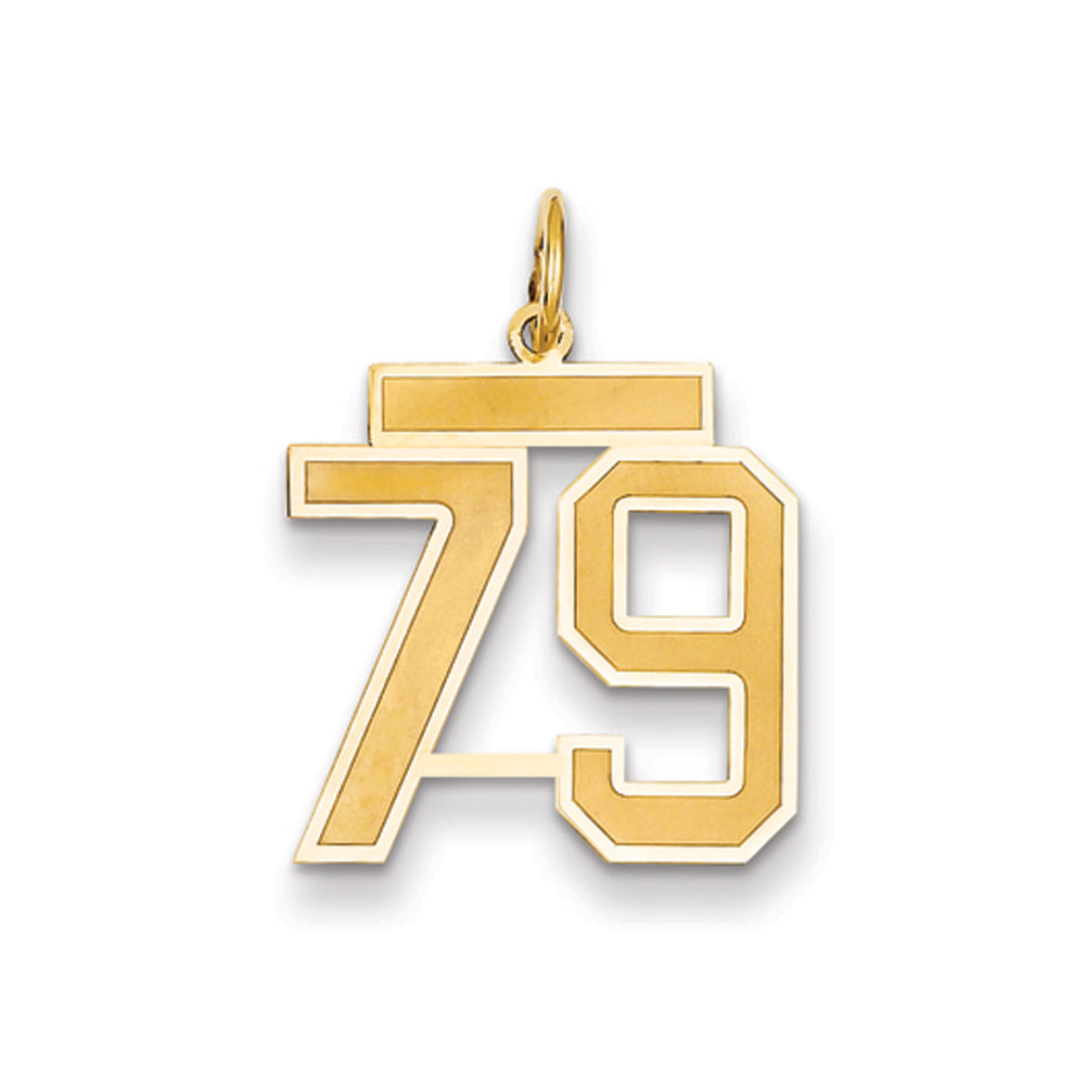 14k Yellow Gold, Jersey Collection, Medium Number 79 Pendant, Item P10402-79 by The Black Bow Jewelry Co.