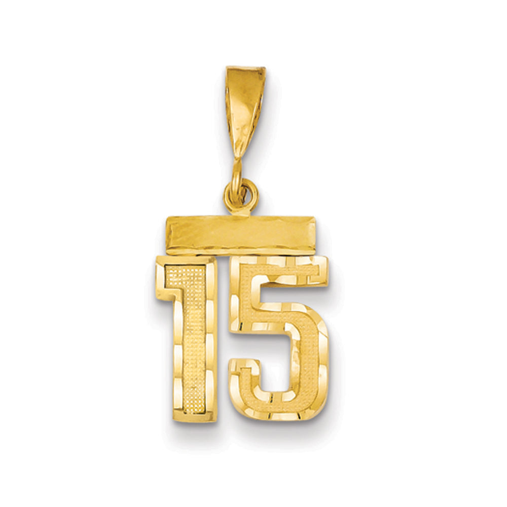 14k Yellow Gold, Varsity Collection, Small D/C Pendant Number 15, Item P10408-15 by The Black Bow Jewelry Co.
