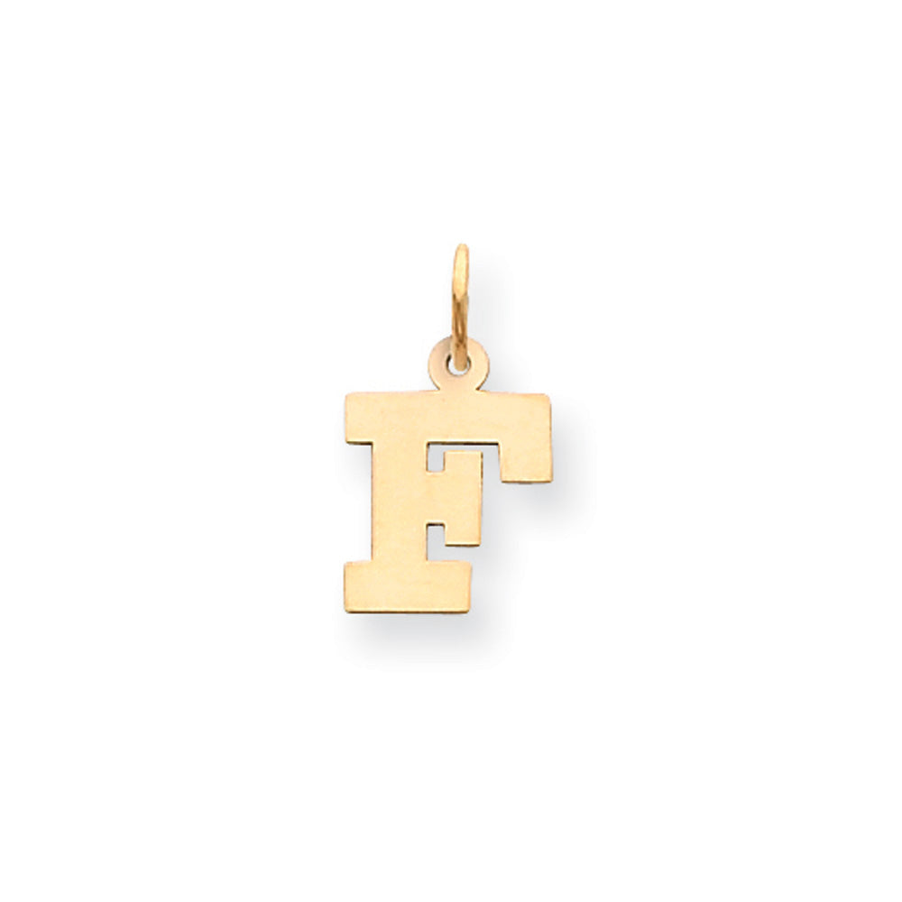 14k Yellow Gold, Amanda Collection, Small Block Initial F Pendant, Item P10415-F by The Black Bow Jewelry Co.