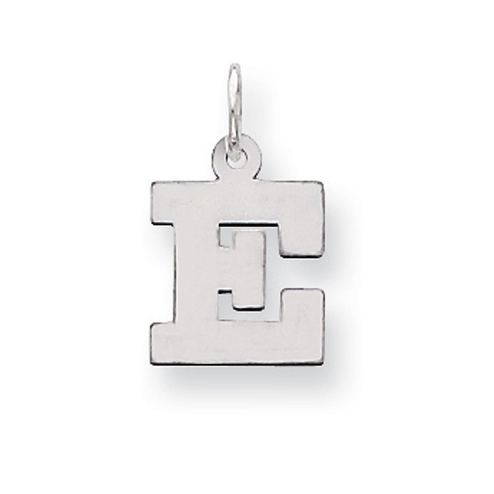 Sterling Silver, Amanda Collection Small Block Style Initial E Pendant, Item P10417-E by The Black Bow Jewelry Co.