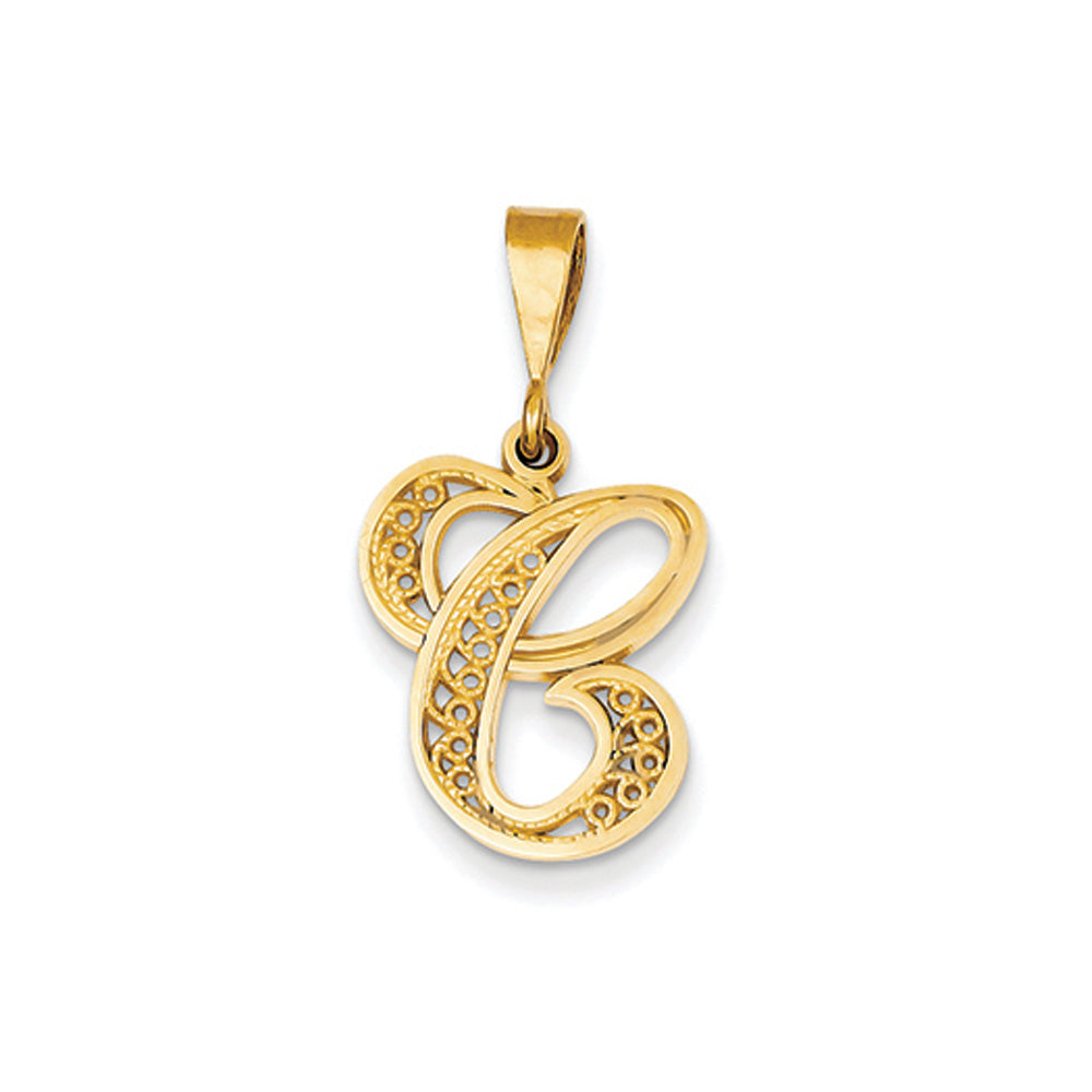 14k Yellow Gold, Maci Collection, LG Filigree Script Initial C Pendant, Item P10418-C by The Black Bow Jewelry Co.