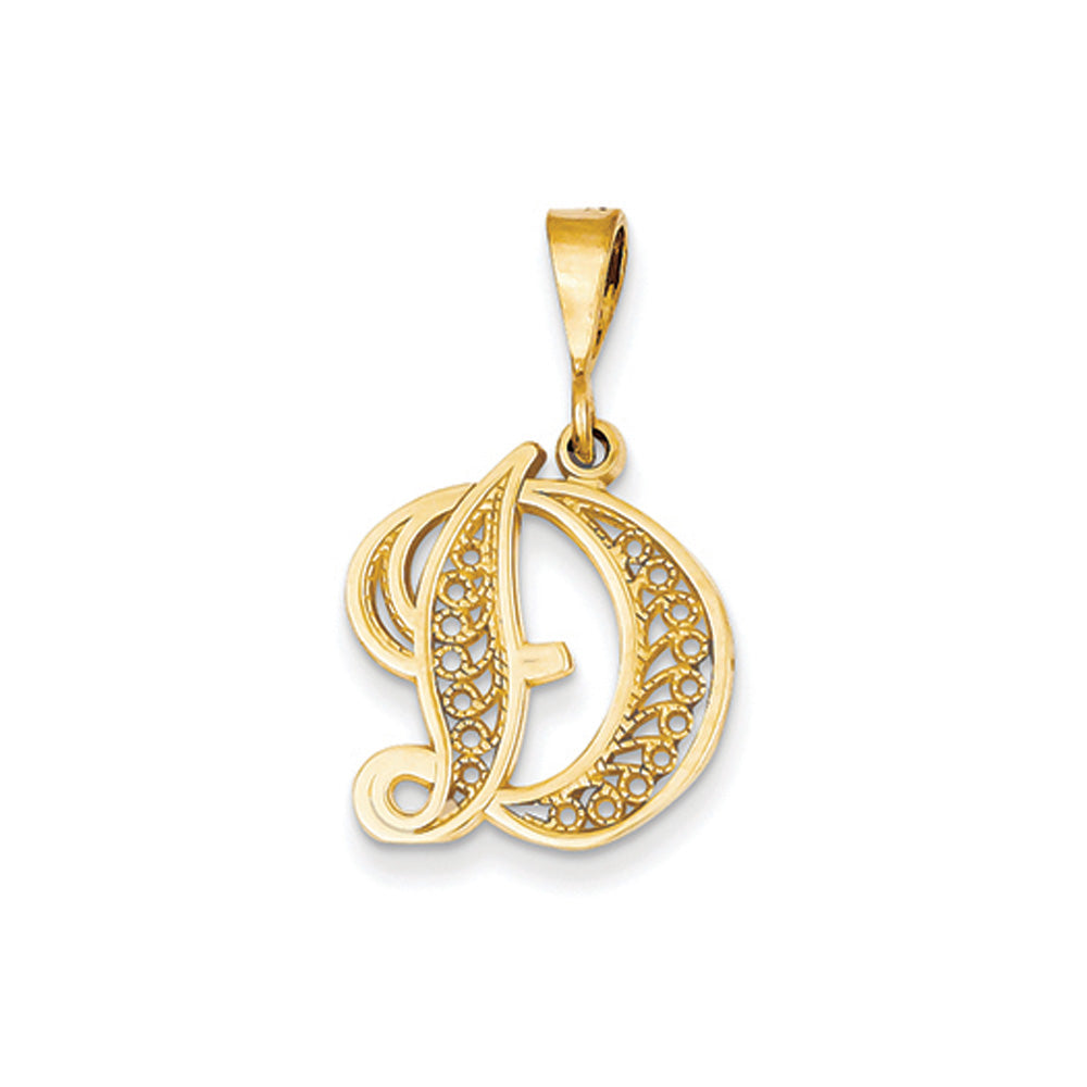 14k Yellow Gold, Maci Collection, LG Filigree Script Initial D Pendant, Item P10418-D by The Black Bow Jewelry Co.