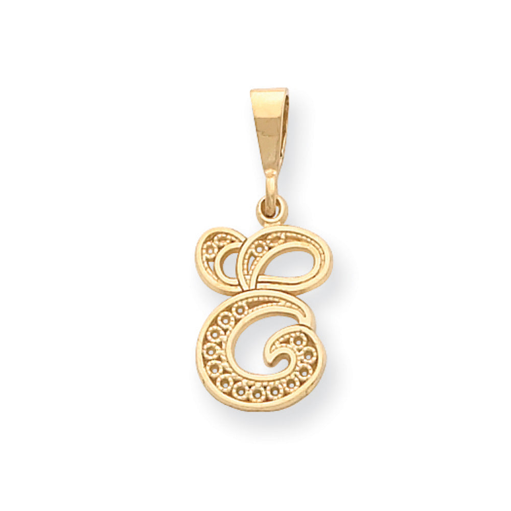 14k Yellow Gold, Maci Collection, LG Filigree Script Initial E Pendant, Item P10418-E by The Black Bow Jewelry Co.