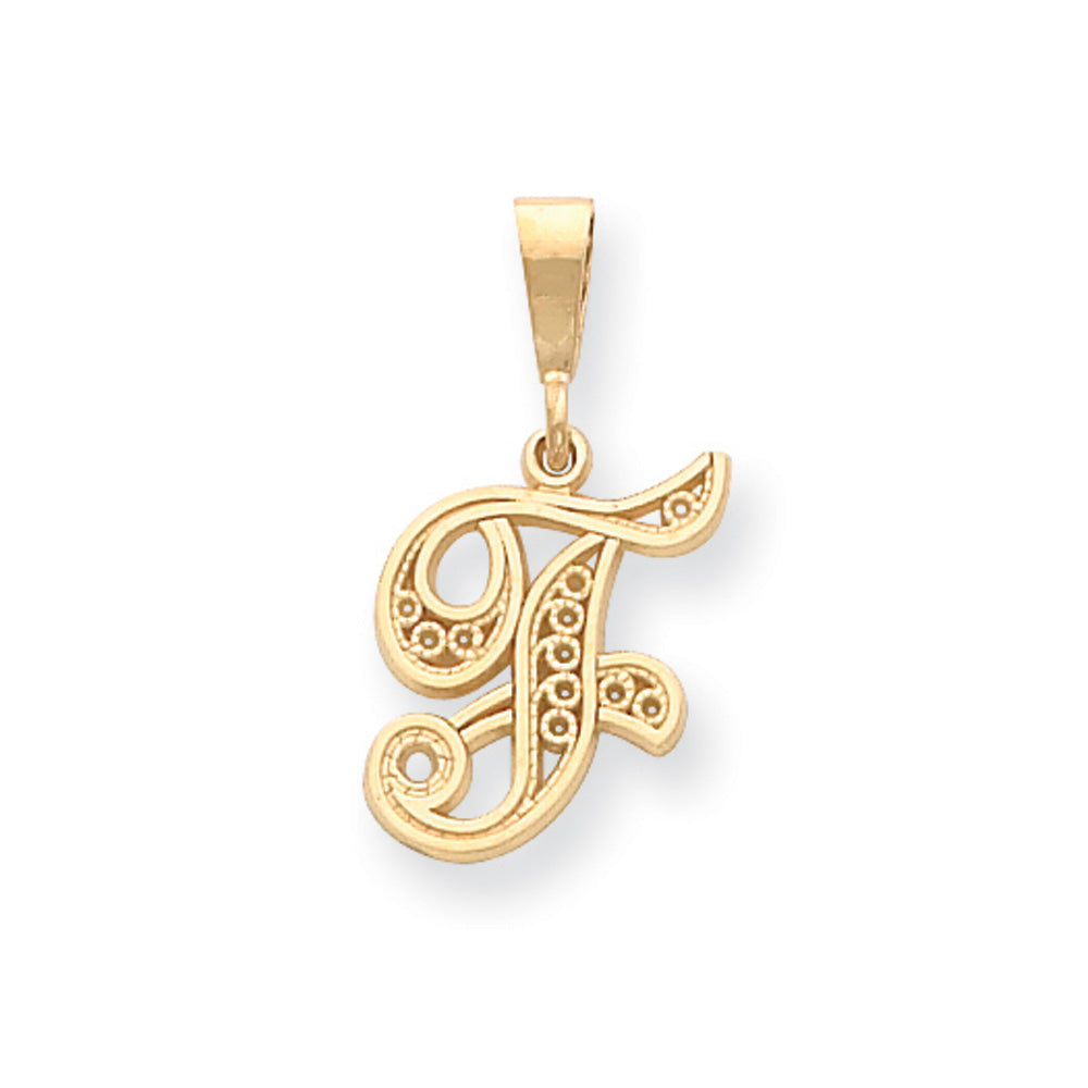 14k Yellow Gold, Maci Collection, LG Filigree Script Initial F Pendant, Item P10418-F by The Black Bow Jewelry Co.
