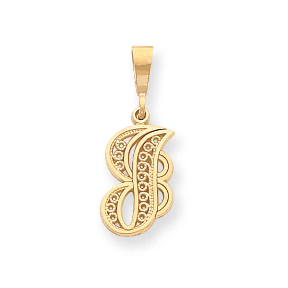 14k Yellow Gold, Maci Collection, LG Filigree Script Initial J Pendant, Item P10418-J by The Black Bow Jewelry Co.