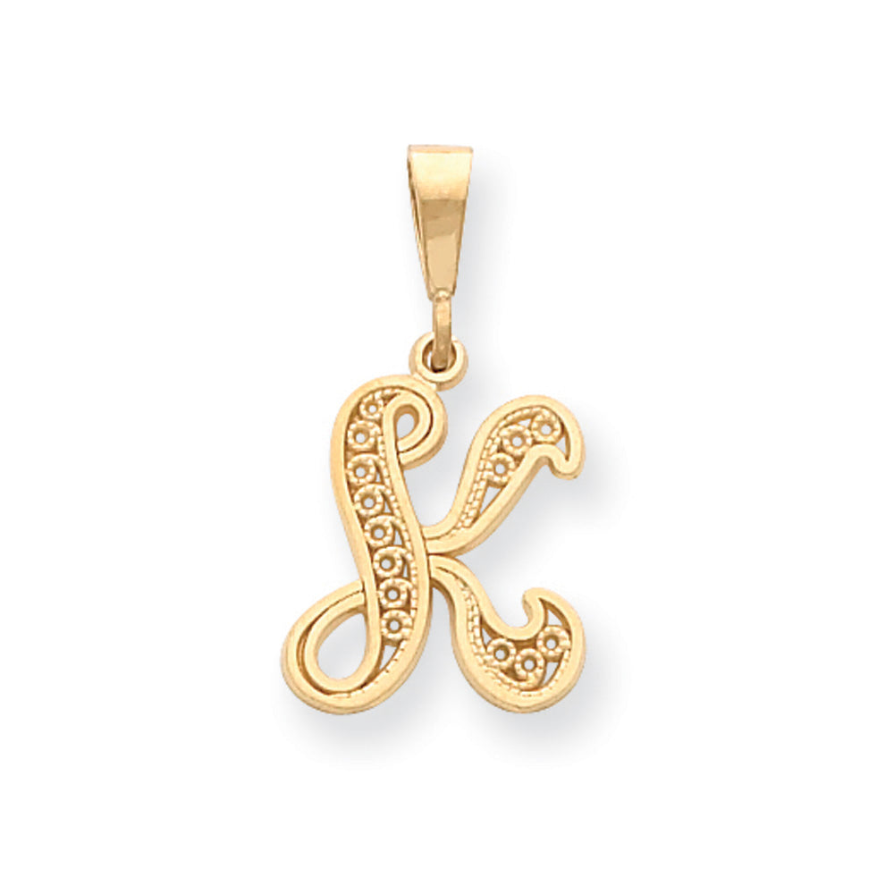 14k Yellow Gold, Maci Collection, LG Filigree Script Initial K Pendant, Item P10418-K by The Black Bow Jewelry Co.