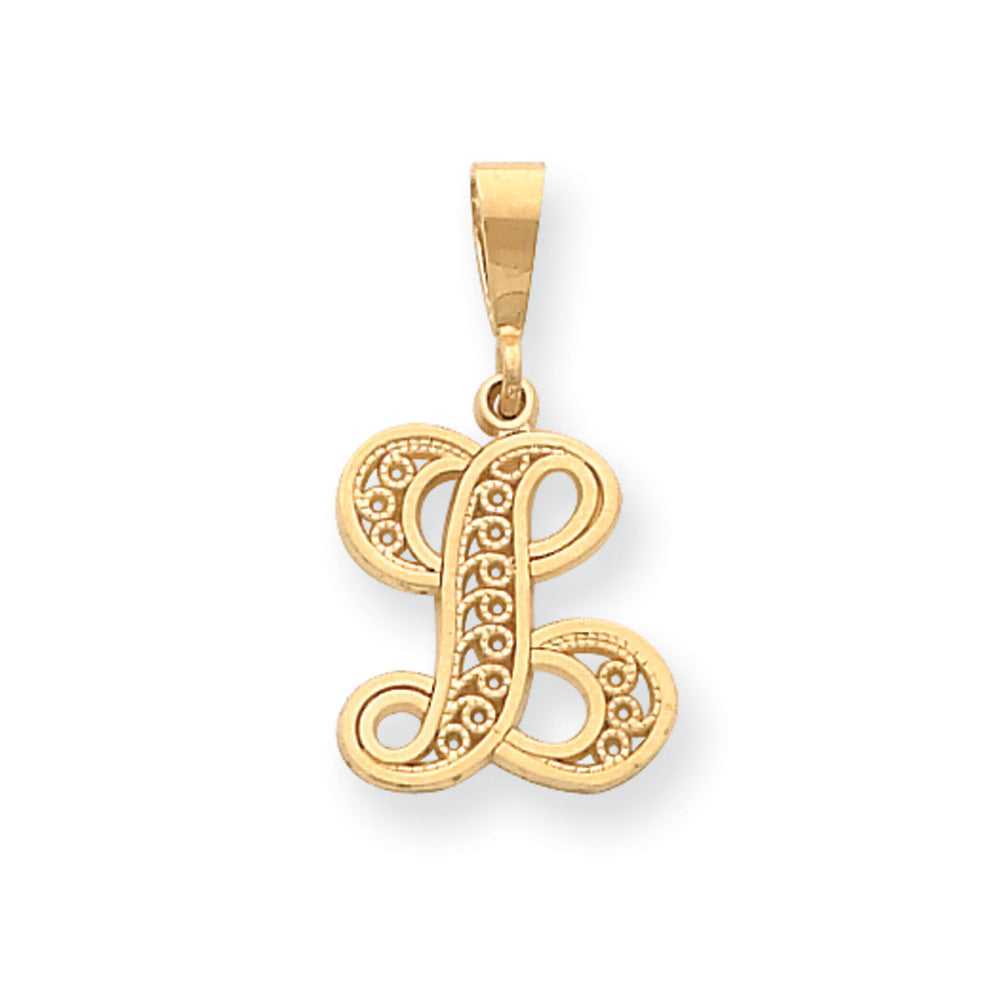 14k Yellow Gold, Maci Collection, LG Filigree Script Initial L Pendant, Item P10418-L by The Black Bow Jewelry Co.