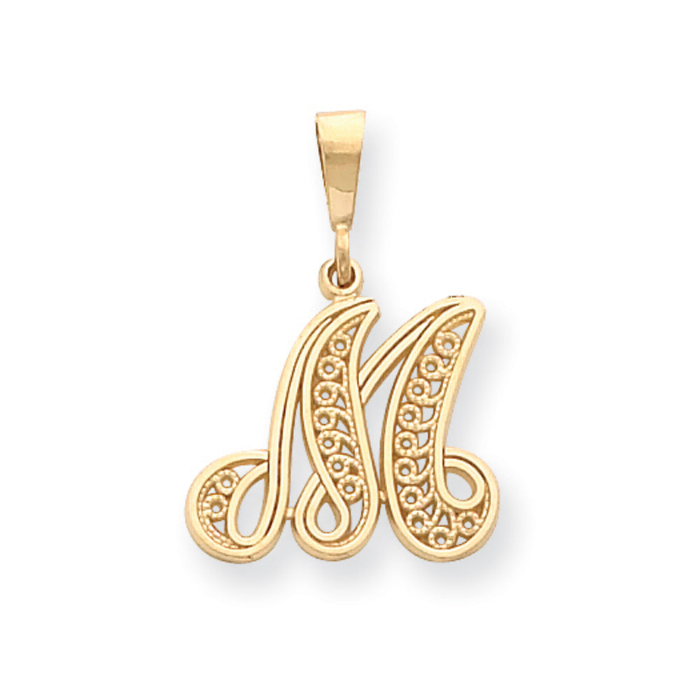 14k Yellow Gold, Maci Collection, LG Filigree Script Initial M Pendant, Item P10418-M by The Black Bow Jewelry Co.