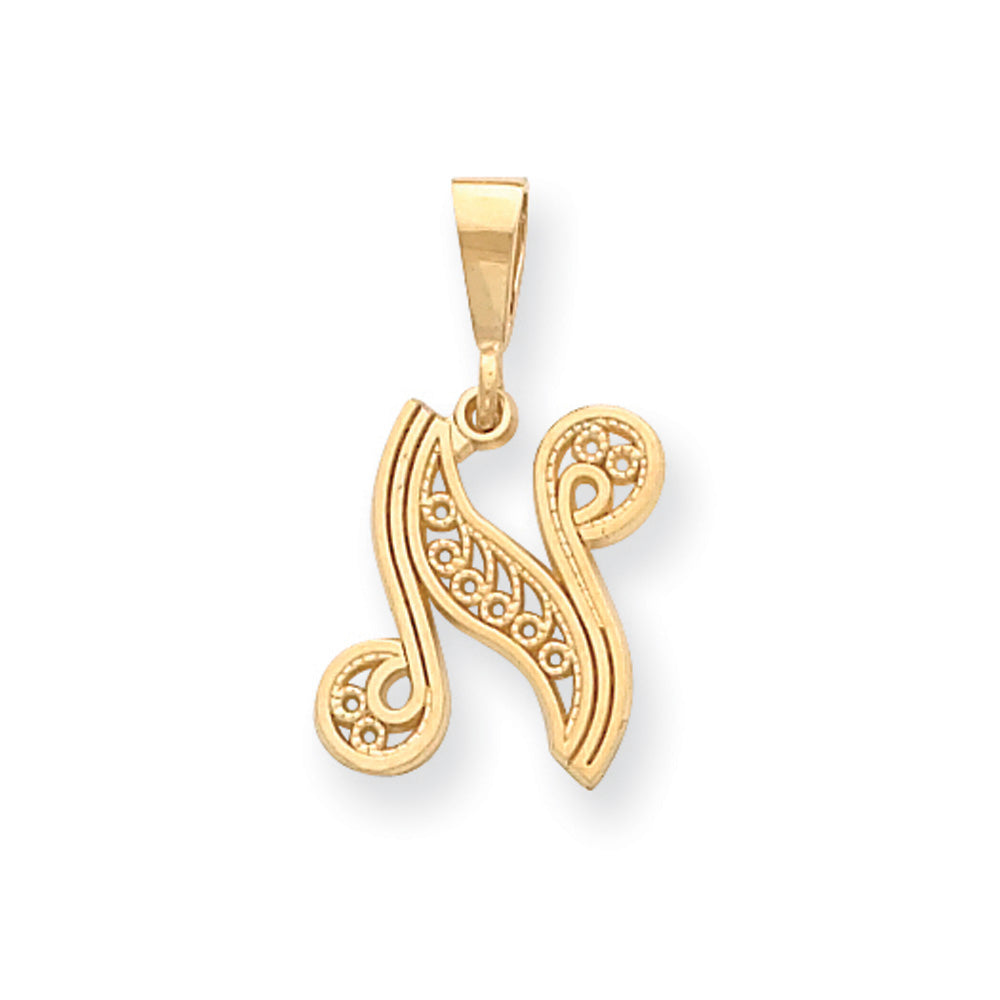 14k Yellow Gold, Maci Collection, LG Filigree Script Initial N Pendant, Item P10418-N by The Black Bow Jewelry Co.