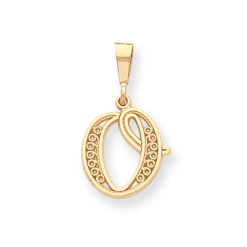 14k Yellow Gold, Maci Collection, LG Filigree Script Initial O Pendant, Item P10418-O by The Black Bow Jewelry Co.