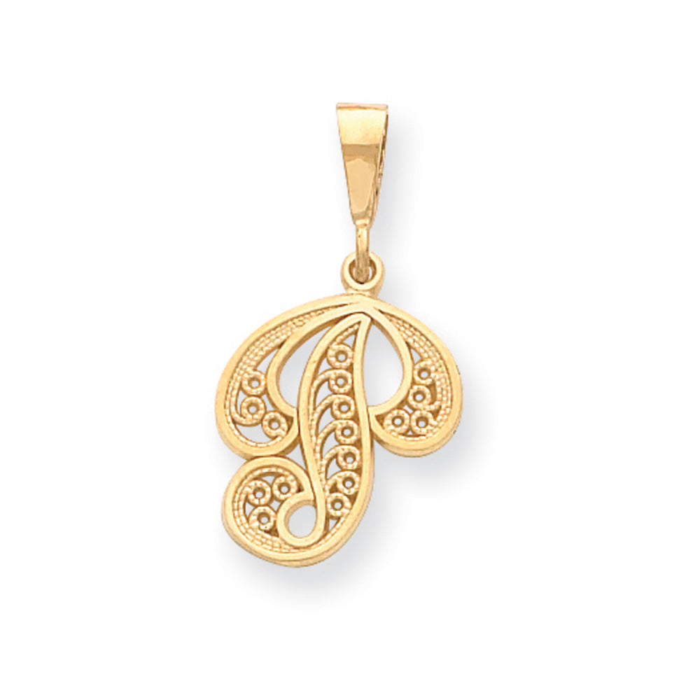 14k Yellow Gold, Maci Collection, LG Filigree Script Initial P Pendant, Item P10418-P by The Black Bow Jewelry Co.