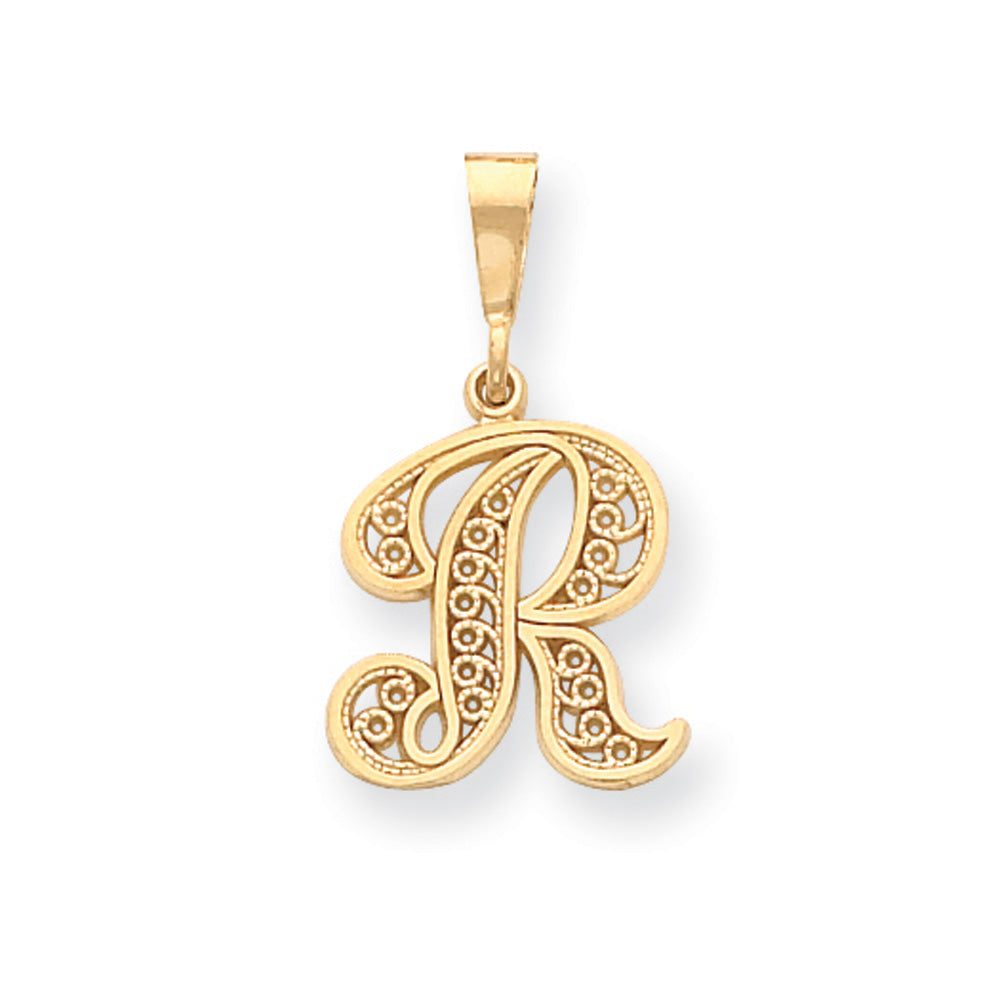 14k Yellow Gold, Maci Collection, LG Filigree Script Initial R Pendant, Item P10418-R by The Black Bow Jewelry Co.