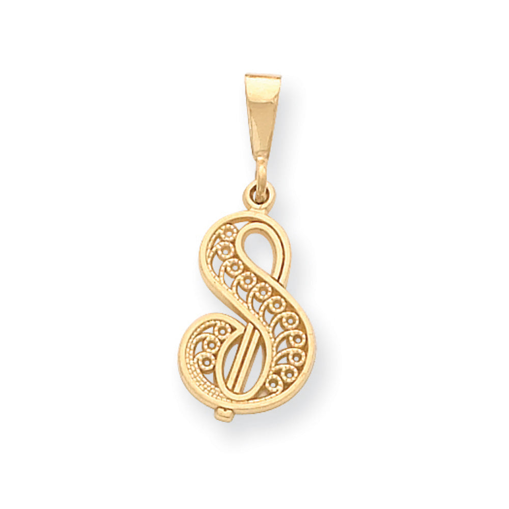 14k Yellow Gold, Maci Collection, LG Filigree Script Initial S Pendant, Item P10418-S by The Black Bow Jewelry Co.
