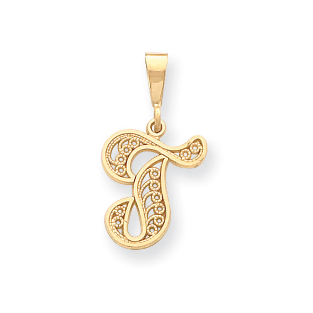 14k Yellow Gold, Maci Collection, LG Filigree Script Initial T Pendant, Item P10418-T by The Black Bow Jewelry Co.