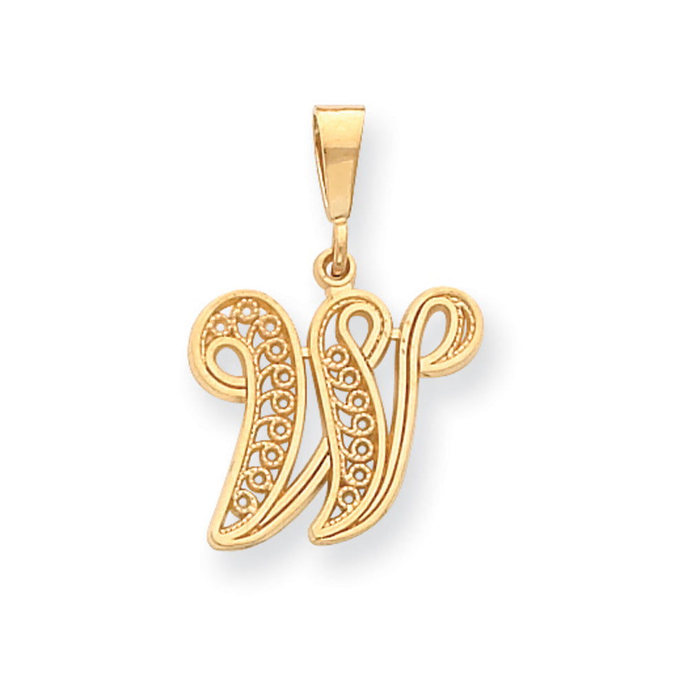 14k Yellow Gold, Maci Collection, LG Filigree Script Initial W Pendant, Item P10418-W by The Black Bow Jewelry Co.