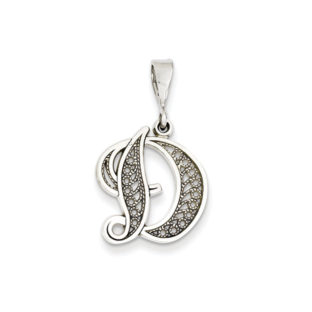 14k White Gold, Maci Collection, LG Filigree Script Initial D Pendant, Item P10419-D by The Black Bow Jewelry Co.