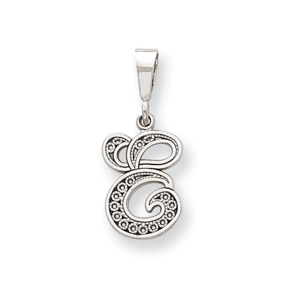 14k White Gold, Maci Collection, LG Filigree Script Initial E Pendant, Item P10419-E by The Black Bow Jewelry Co.