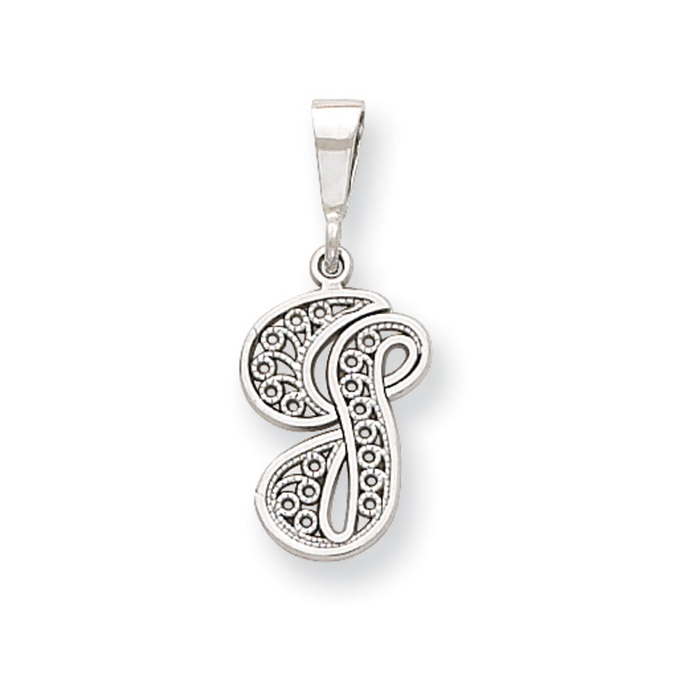 14k White Gold, Maci Collection, Filigree Script Initial G Pendant, Item P10419-G by The Black Bow Jewelry Co.