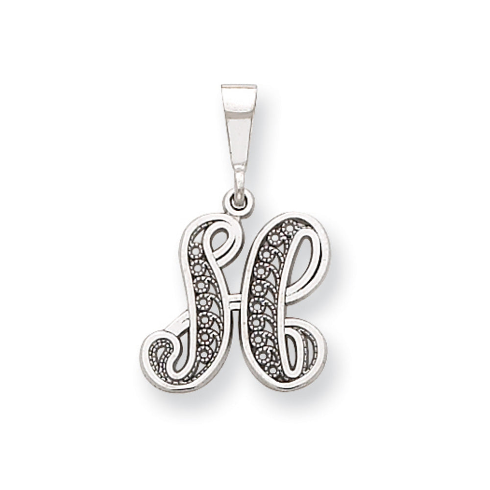 14k White Gold, Maci Collection, Filigree Script Initial H Pendant, Item P10419-H by The Black Bow Jewelry Co.