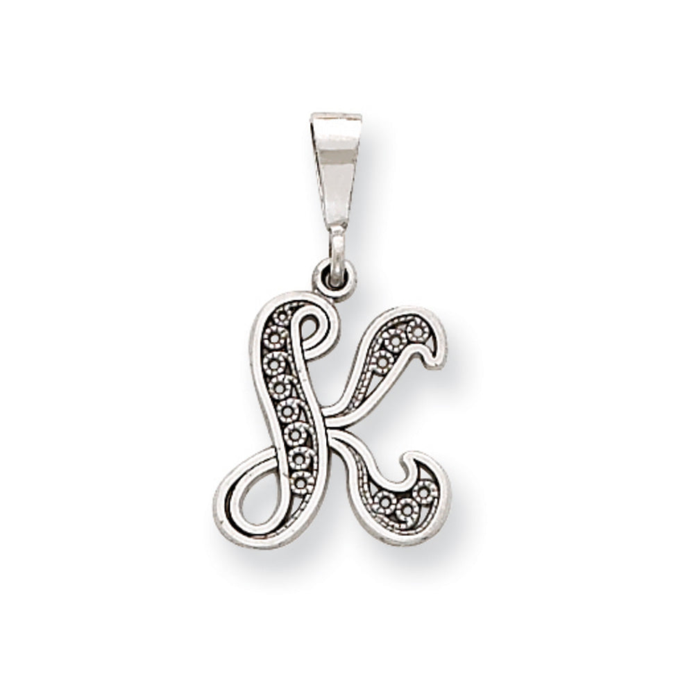 14k White Gold, Maci Collection, Filigree Script Initial K Pendant, Item P10419-K by The Black Bow Jewelry Co.