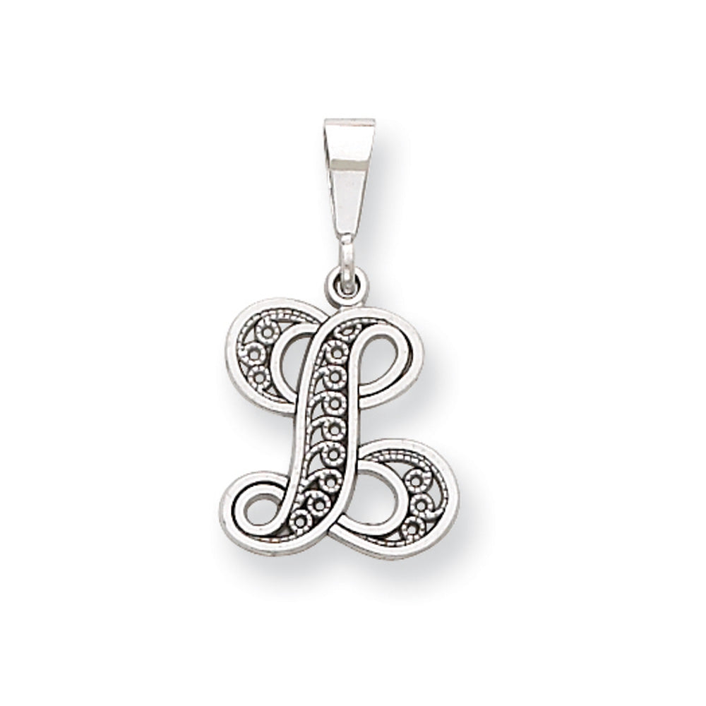 14k White Gold, Maci Collection, Filigree Script Initial L Pendant, Item P10419-L by The Black Bow Jewelry Co.