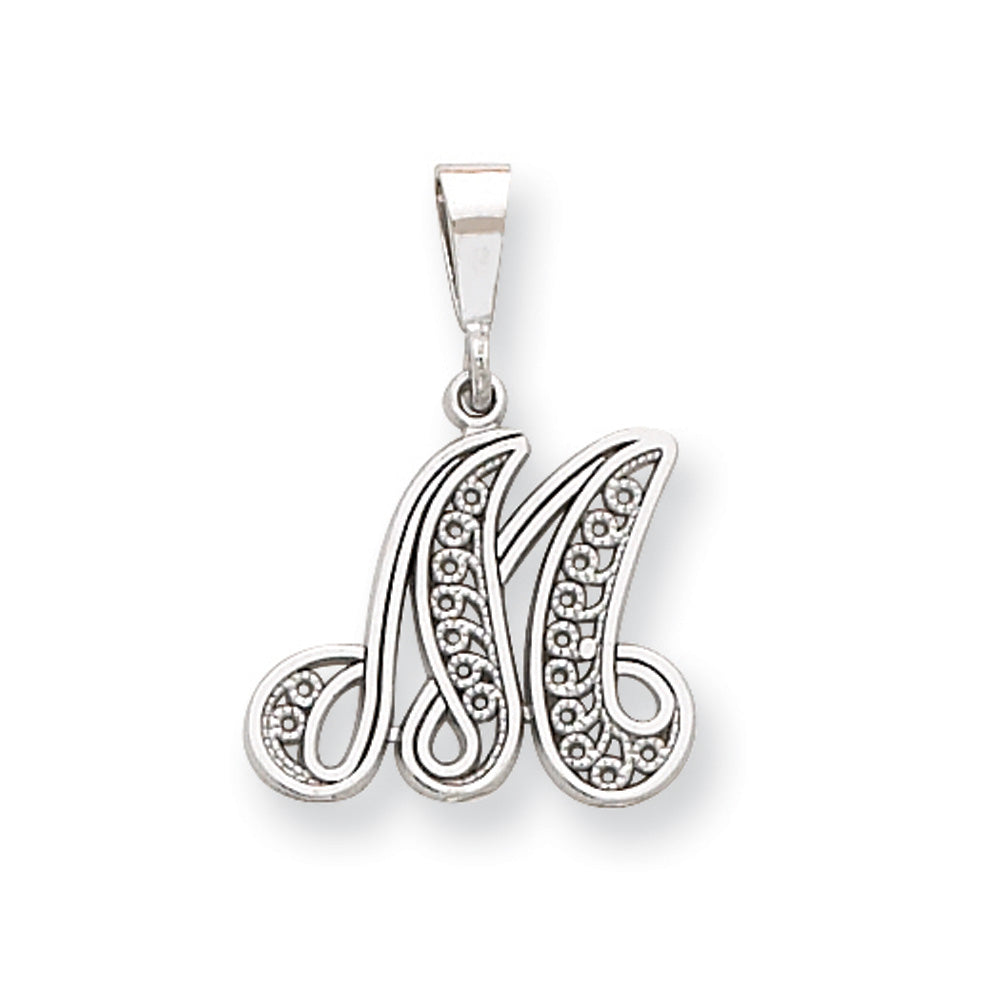 14k White Gold, Maci Collection, Filigree Script Initial M Pendant, Item P10419-M by The Black Bow Jewelry Co.