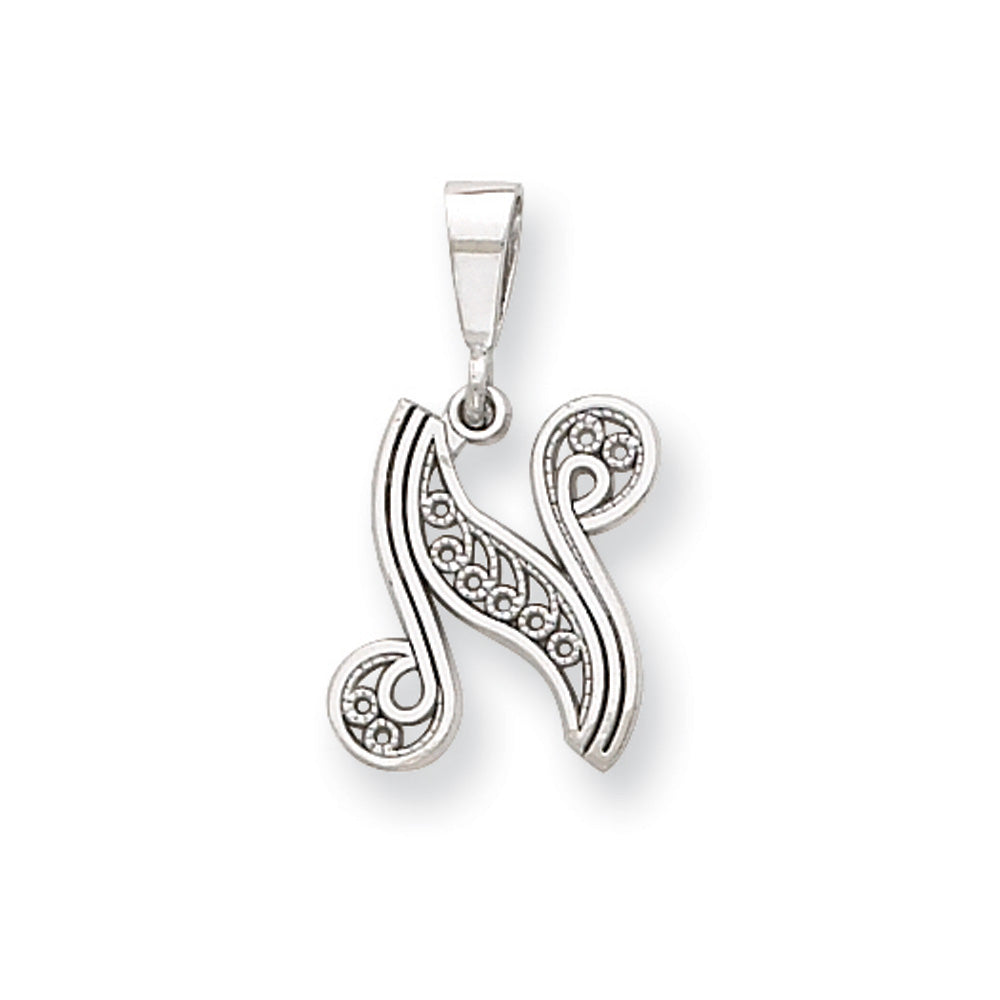 14k White Gold, Maci Collection, Filigree Script Initial N Pendant, Item P10419-N by The Black Bow Jewelry Co.