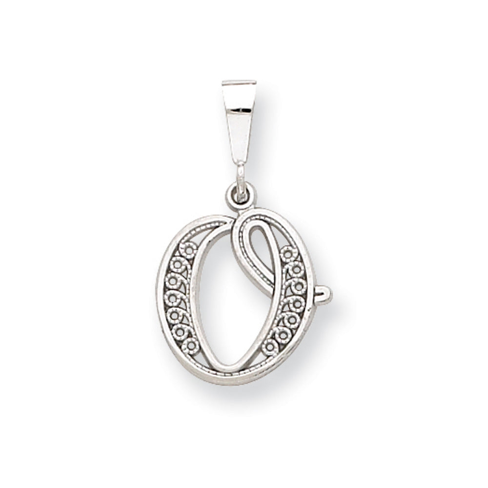 14k White Gold, Maci Collection, Filigree Script Initial O Pendant, Item P10419-O by The Black Bow Jewelry Co.
